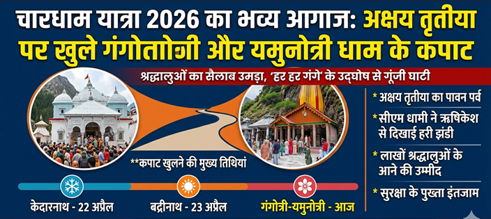 चारधाम यात्रा 2026 का शंखनाद: अक्षय तृतीया पर खुले गंगोत्री और यमुनोत्री धाम के कपाट, ‘हर हर गंगे’ के उद्घोष से गूंजी घाटी