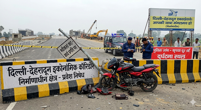 दिल्ली-देहरादून एक्सप्रेसवे पर बड़ा हादसा: मवीकलां में अधूरे कार्य और बैरियर से टकराई बाइक, हरिद्वार जा रहे दो युवकों ने गंवाई जान