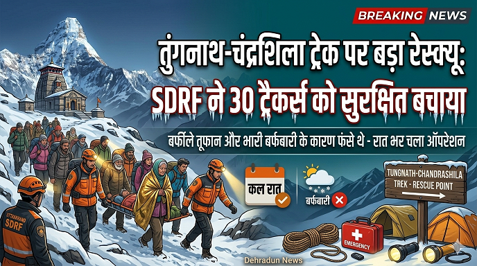 तुंगनाथ-चंद्रशिला ट्रेक पर बड़ा रेस्क्यू: SDRF ने रात भर ऑपरेशन चलाकर 30 ट्रैकर्स को सुरक्षित बचाया, बर्फबारी के कारण फंसे थे