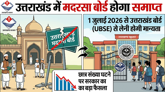 उत्तराखंड में मदरसा बोर्ड होगा समाप्त: 1 जुलाई 2026 से उत्तराखंड बोर्ड (UBSE) से लेनी होगी मान्यता, छात्र संख्या घटने पर सरकार का बड़ा फैसला।