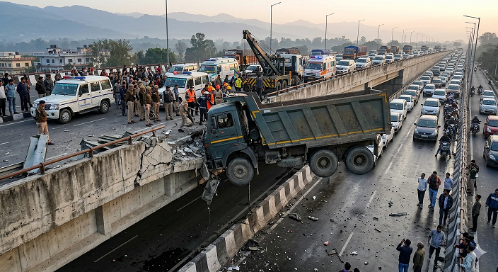 देहरादून: बल्लीवाला फ्लाईओवर पर तेज रफ्तार डंपर बेकाबू, साइड वॉल तोड़कर लटका; 3 घंटे बाधित रहा ट्रैफिक