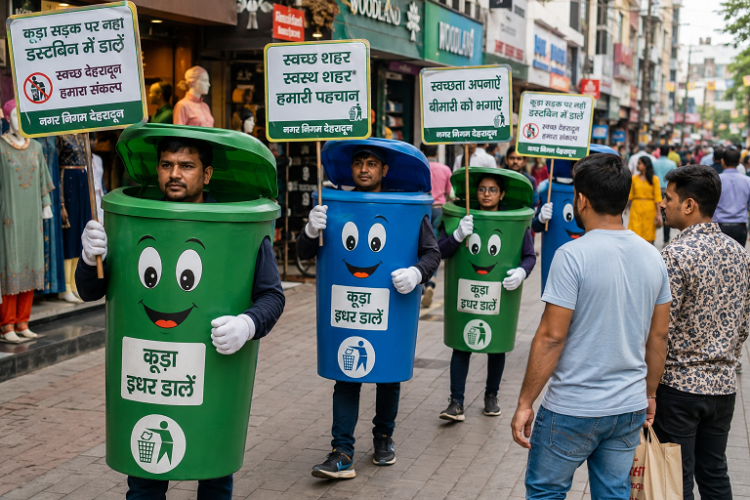 देहरादून को स्वच्छ बनाने की अनूठी पहल, डस्टबिन की पोशाक पहन बाजारों में उतरे निगमकर्मी